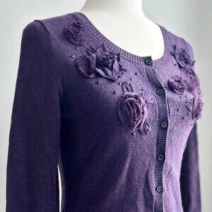 Banana Republic Rosettes & Sequins Embellished Deep Grape Merino Cardigan – US S